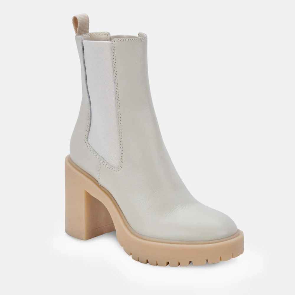 Dolce Vita Cream Leather Chunky-Heel Chelsea Boots with Tan Sole